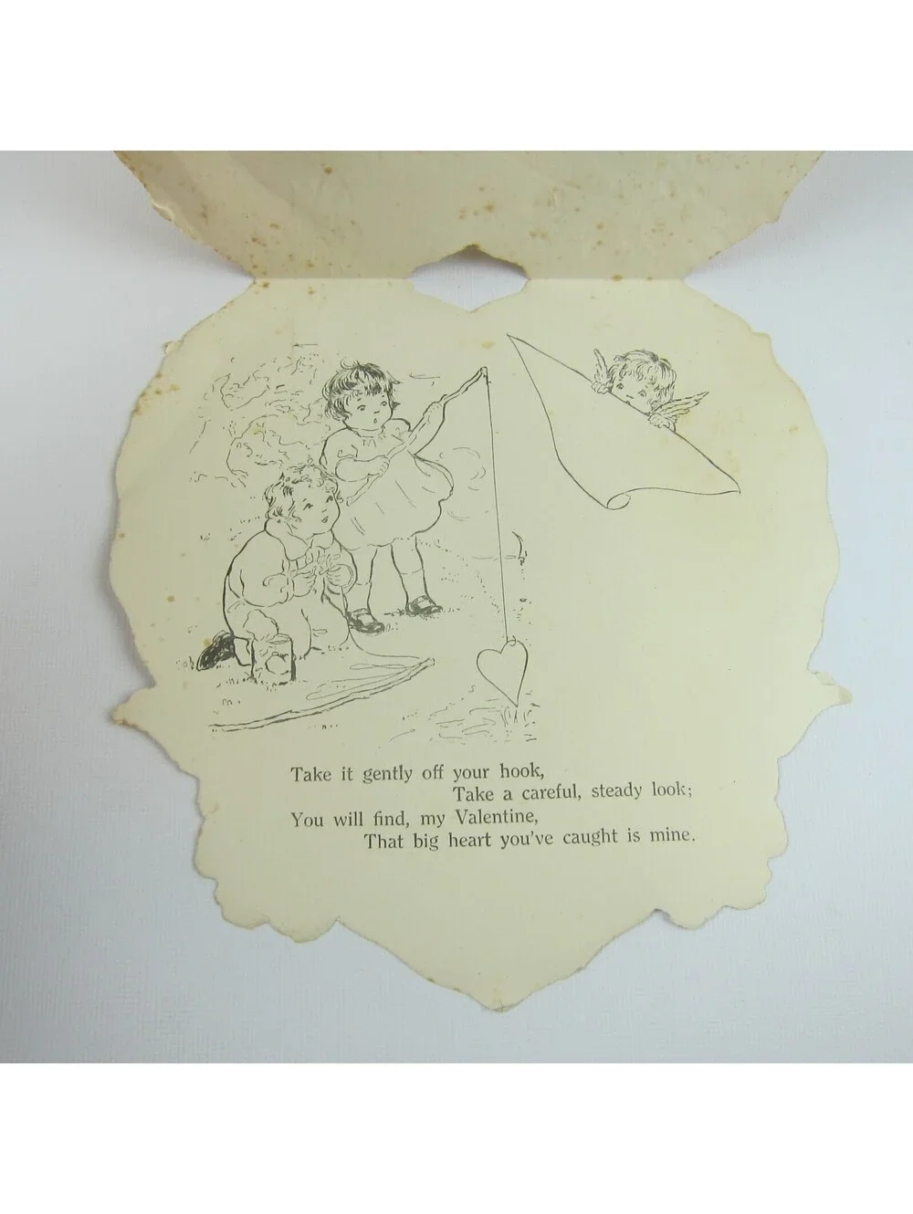 Antique Valentine Die cut Heart LARGE Boy Sailor Angel Girl Fishing UNSIGNED